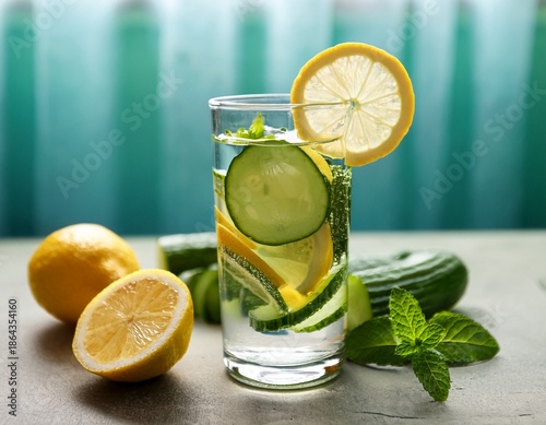 healthy hydration profile shot of water infused with slices of lemon cucumber and mint emphasizing the importance of hydration in a nutrient rich diet