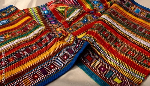 a richly patterned zulu beadwork fabric with intricate designs in bold colors displayed on a neutral background