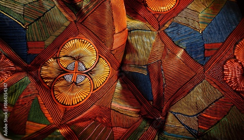 a close up of a traditional african wax print fabric with geometric patterns displayed under soft lighting to highlight