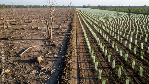 Contrast of deforestation and reforestation, a stark visual representation of environmental impact and conservation efforts. One side shows barren land, while the other thrives with new growth