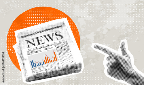 Trendy Halftone Collage with Hand showing to the newspaper. Breaking news, hot news. Halftone hand and newspaper n dotted texture vintage pop art style 
