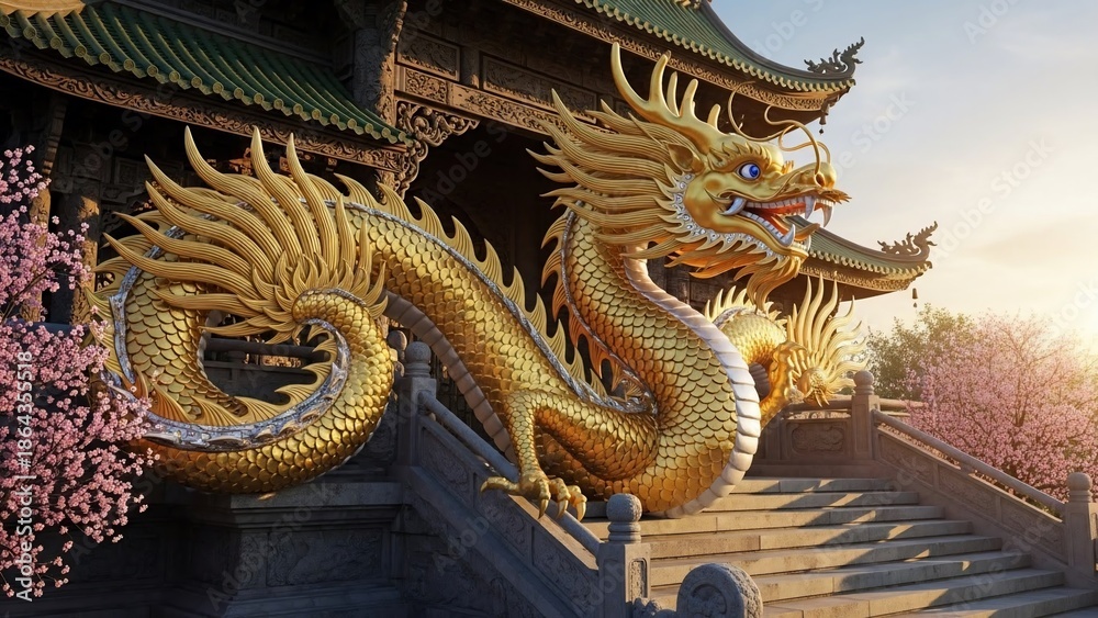 Fototapeta premium Golden Dragon Statue Guarding Traditional Asian Temple Architecture