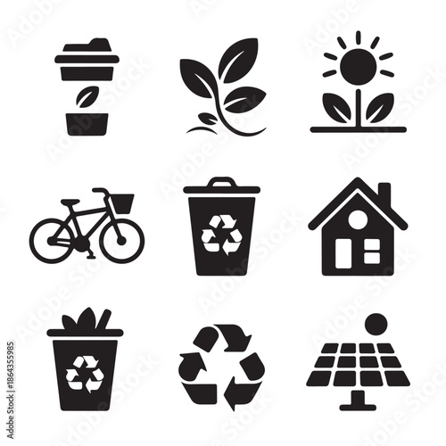 Eco-friendly Elements: A curated collection of environmentally conscious icons, symbolizing key facets of sustainable living, encompassing renewable energy, responsible consumption.