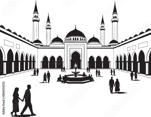 Silhouette of a large mosque courtyard with people walking near a central fountain