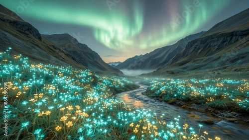 Ethereal Aurora Over Flowering Valley