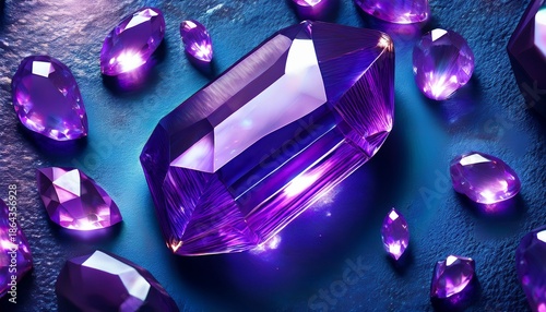 shiny purple gemstones on blue textured surface