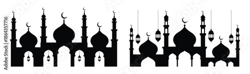 Two horizontal mosque silhouette borders decorated with minarets domes and hanging lanterns