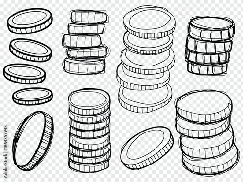 Hand drawn Sketch of Various Coin Stacks and Individual Coins Set