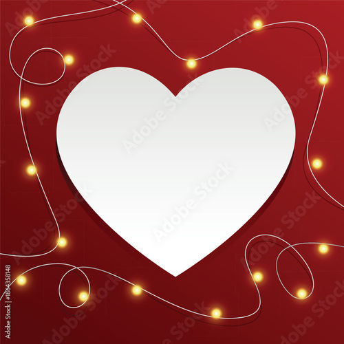 Romantic Valentine’s Day heart background with glowing string lights framing a white central heart space.