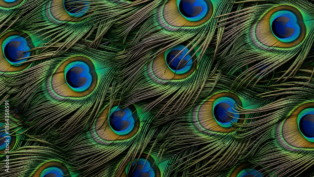 Obraz premium Luxurious, iridescent peacock feathers shimmer in emerald, royal blue, and gold. Ideal for high-end fashion, exotic branding, opulent event design, wedding stationery,