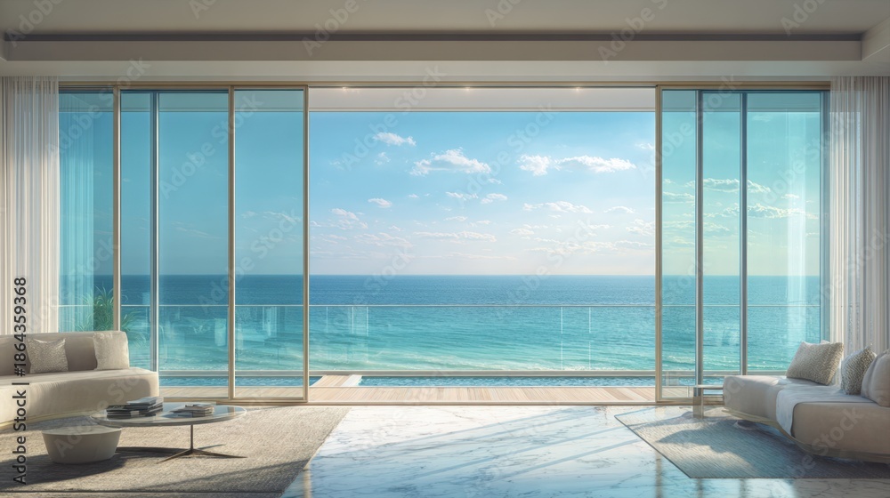 Fototapeta premium Modern luxury living room interior with large sliding glass doors opening to a private balcony and swimming pool with a breathtaking panoramic view of the turquoise ocean and clear blue sunny sky