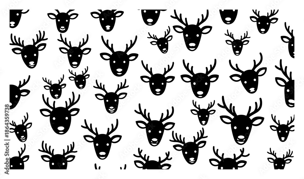 Fototapeta premium Deer and reindeer head silhouette pattern with large antlers background texture