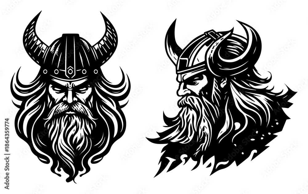 Obraz premium Fierce Viking warrior head mascot illustration with horned helmet and long beard