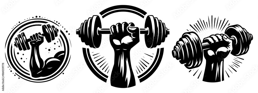 Obraz premium Gym fitness weightlifting badge set with hand holding dumbbell equipment