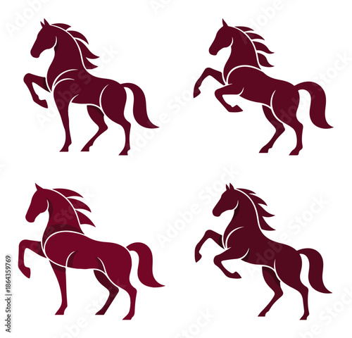 Rearing red horse stallion silhouette logo mascot set in dynamic poses