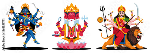 Hindu deities vector set featuring Goddess Kali Lord Brahma and Durga on lion