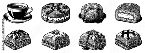 Baklava and dessert pastry sketch collection with coffee cup vintage food illustration