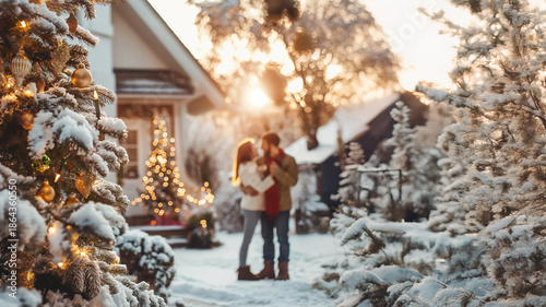 Couple hugging in snowy yard with Christmas lights and tree. Christmas romance concept.