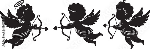 Collection of cupid silhouettes with bows and arrows representing love and romance for Valentines Day or wedding designs isolated on white