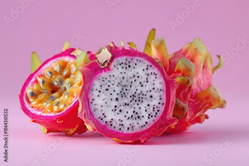Brightly colored fruit with one halved and another whole. The white flesh with black seeds contrasts the vibrant pink outer skin. The fruits are arranged on a smooth surface