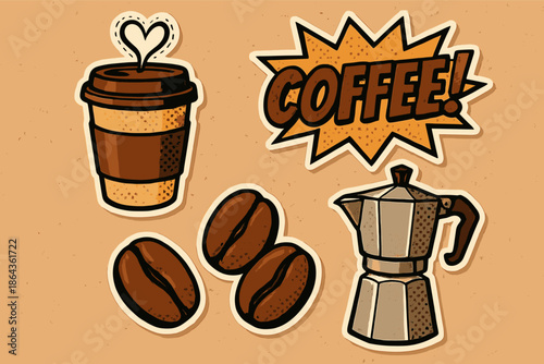 Retro coffee sticker set with cup, beans, and moka pot on brown background