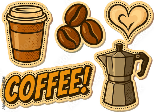 Retro coffee stickers with beans, cup, heart, and moka pot in vintage style