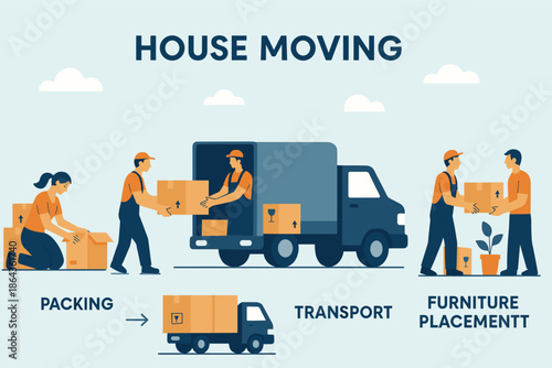 Team of movers loading and unloading boxes from truck for house moving