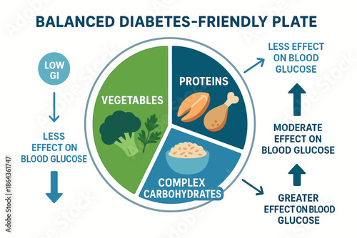 Balanced diabetes-friendly plate with vegetable, protein, and carbohydrate portions
