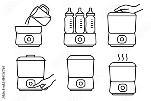 Baby bottle sterilizer with water pouring and hand operation line art set