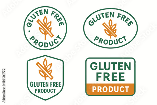 Collection of gluten-free product labels with wheat icons