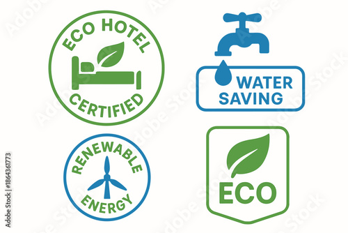 Eco hotel certification and renewable energy icons for water saving initiatives