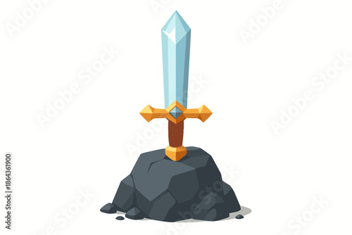 Fantasy sword in stone with gemstone hilt against white background