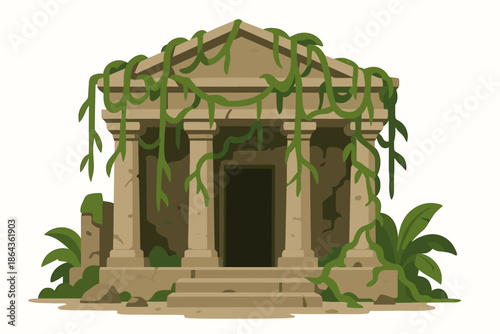 Ancient stone temple with ivy-covered columns in a jungle setting