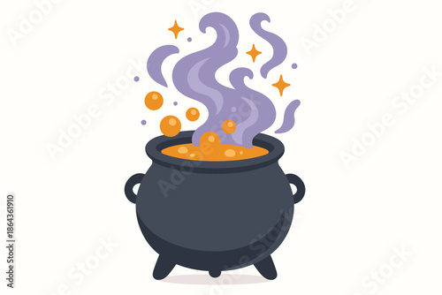 Bubbling witch's cauldron with purple steam and orange potion
