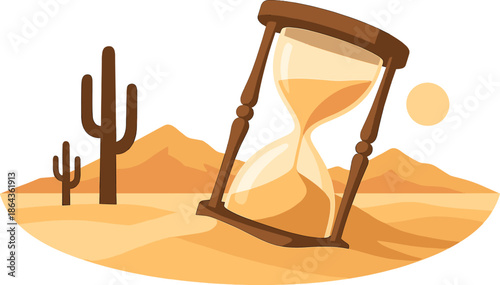 Desert landscape with hourglass sands and cactus under sun