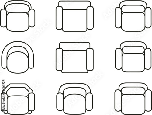 Minimalist geometric chair design collection with nine unique top-down views