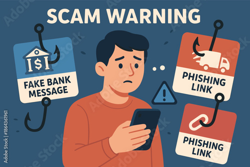 Male adult facing digital scam warning with phishing and fake bank alerts