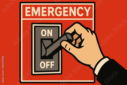 Cartoon hand switching emergency lever on red background