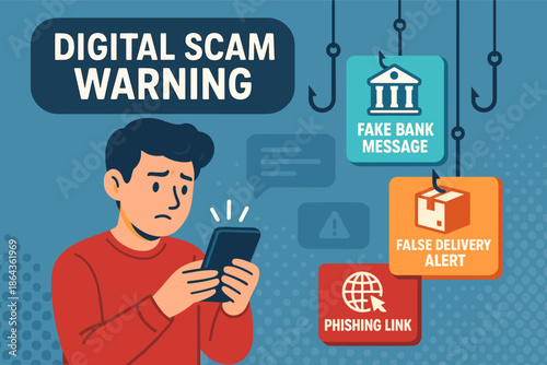 Digital scam alert: man facing fake bank message delivery warning phishing links