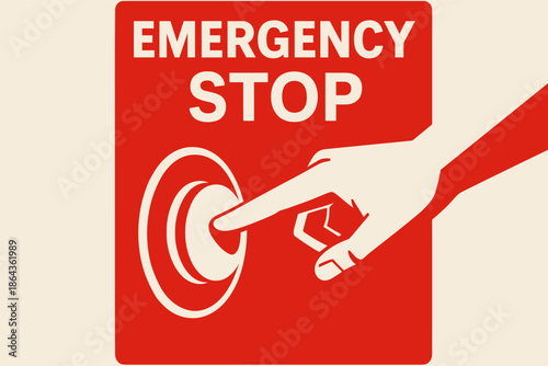of a hand pressing emergency stop button in bold red and white design