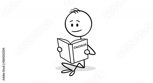 Cartoon Stickman Figure Reading a Book with Sad Expression on Isolated White Background