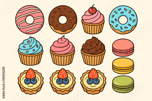 Assorted colorful pastries: donuts, cupcakes, tarts, and macarons