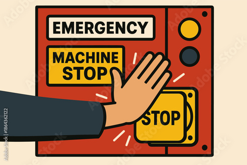 Emergency machine stop button pressed by hand on control panel
