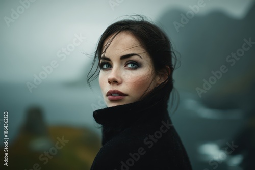Woman with short dark hair ...