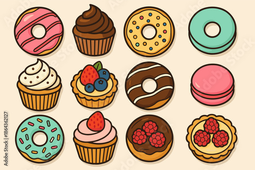 Assorted sweet treats: donuts, cupcakes, macarons, and tarts