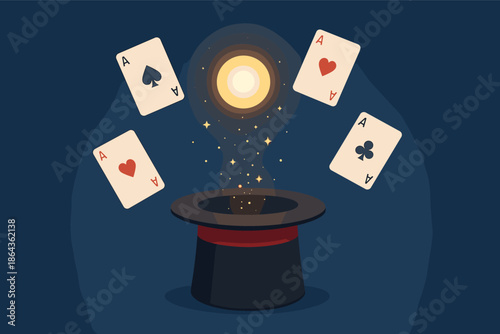 Magician's hat with floating cards and magical glow