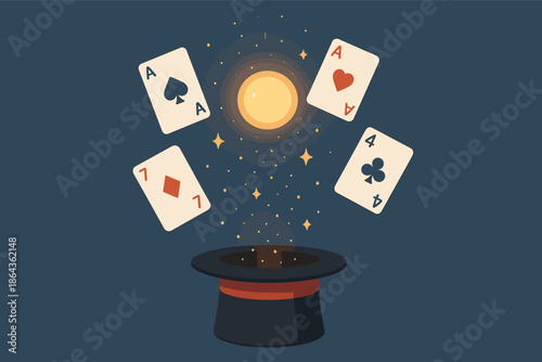 Magic hat with floating playing cards and sparkling light