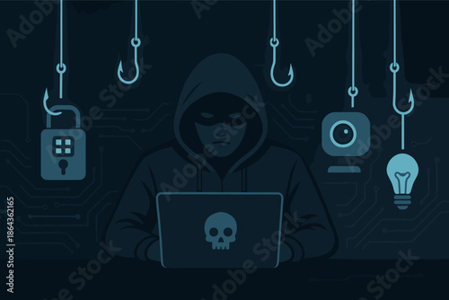 Hacker in hood with laptop and cybersecurity icons in dark room