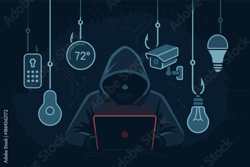 Hacker in hooded jacket with laptop among smart devices and symbols