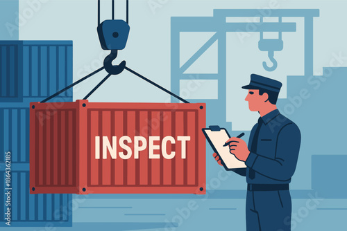 Male inspector evaluating shipping container in industrial port scene